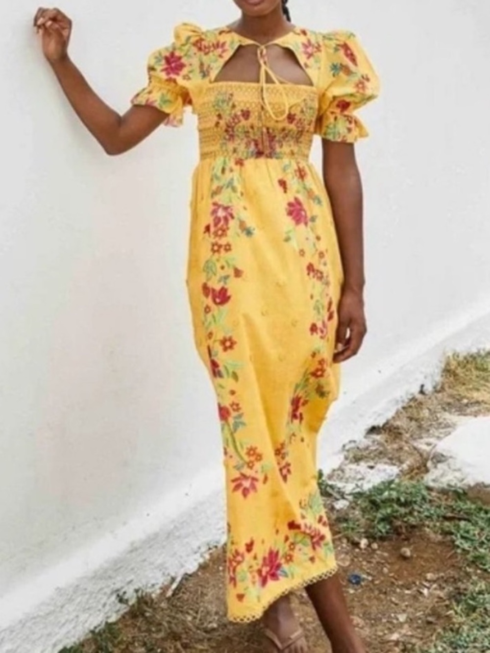 Farm Rio Flower Dream Maxi Dress Yellow Embroidered 3D Floral Small
